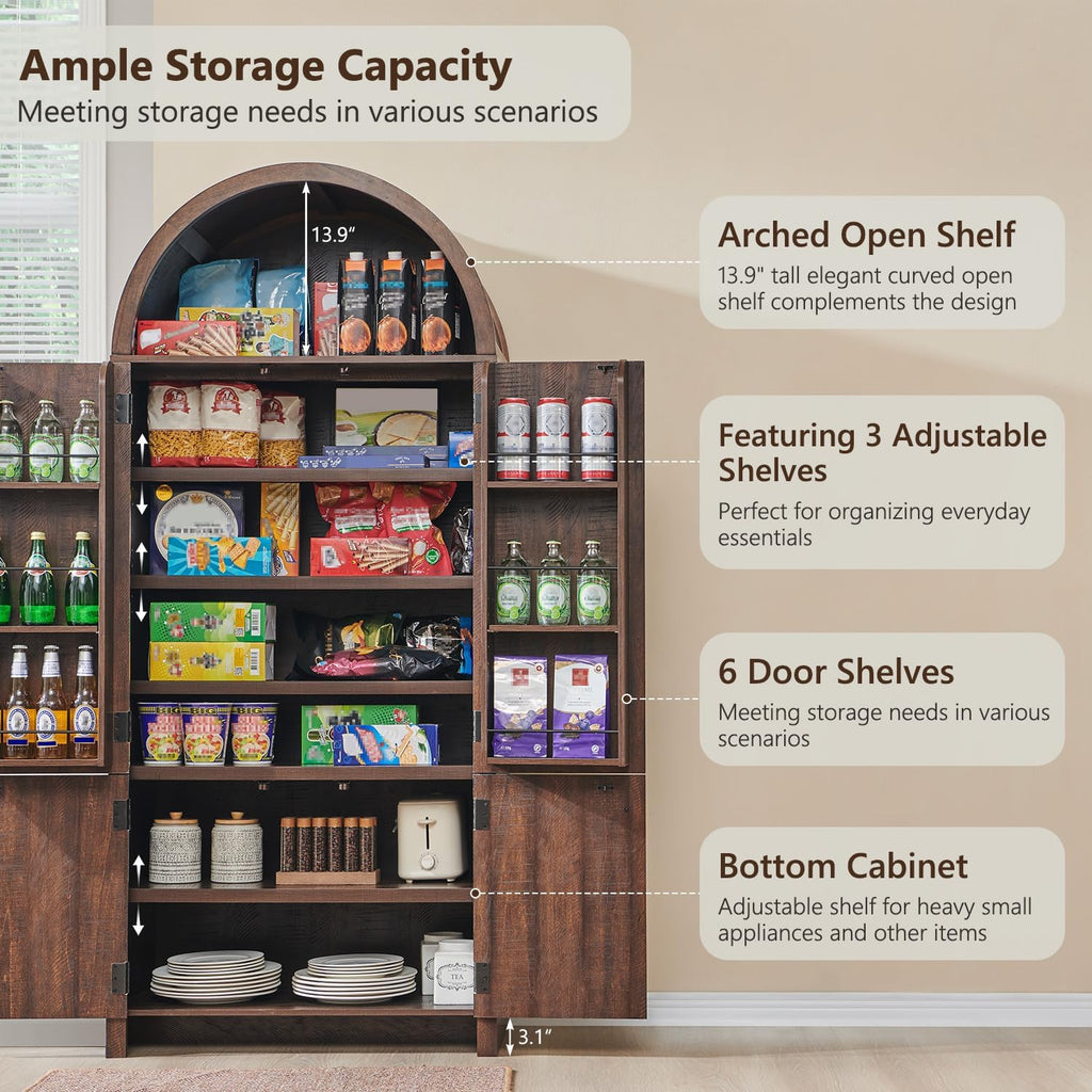71‑Inch Arched Fluted Wooden Tall Pantry Cabinet