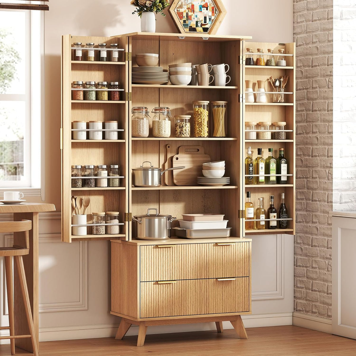 72‑Inch Fluted Wooden Tall Pantry Storage Cabinet
