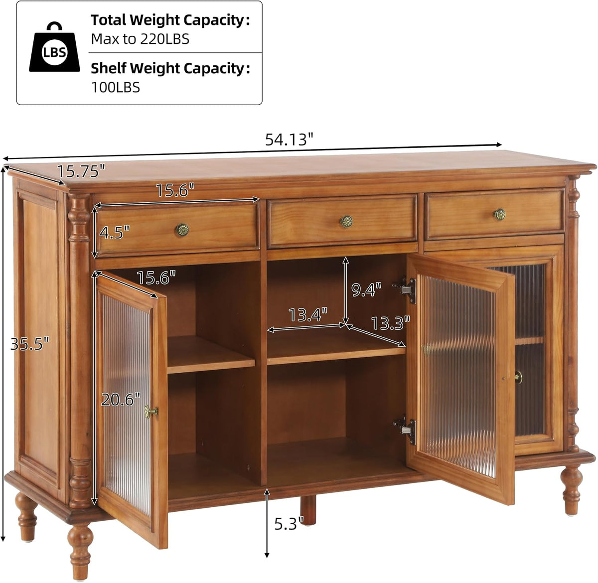 Vintage Glass‑Door Wooden Sideboard Buffet Cabinet