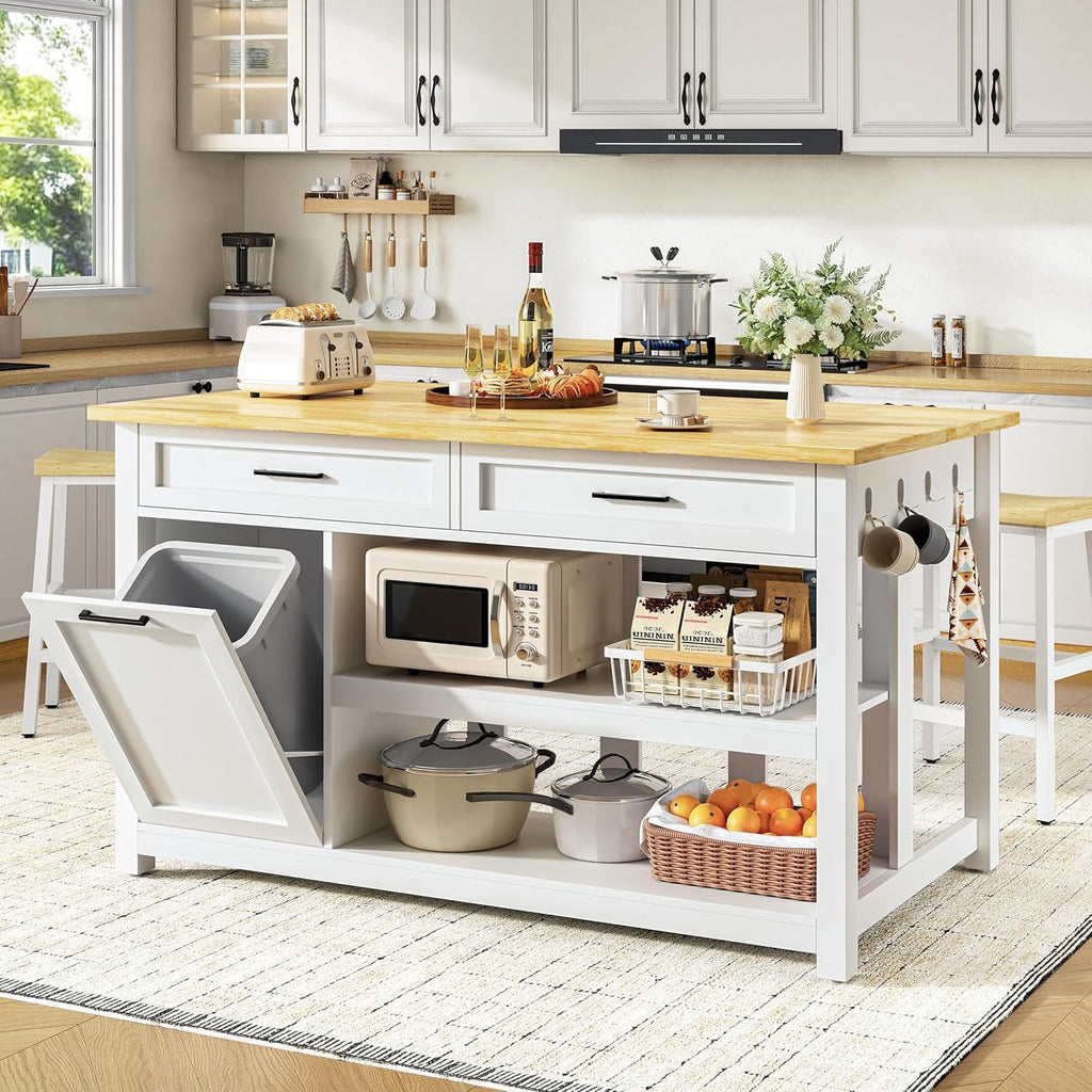 47‑Inch Solid Wood Kitchen Island with Storage & 2 Bar Stools