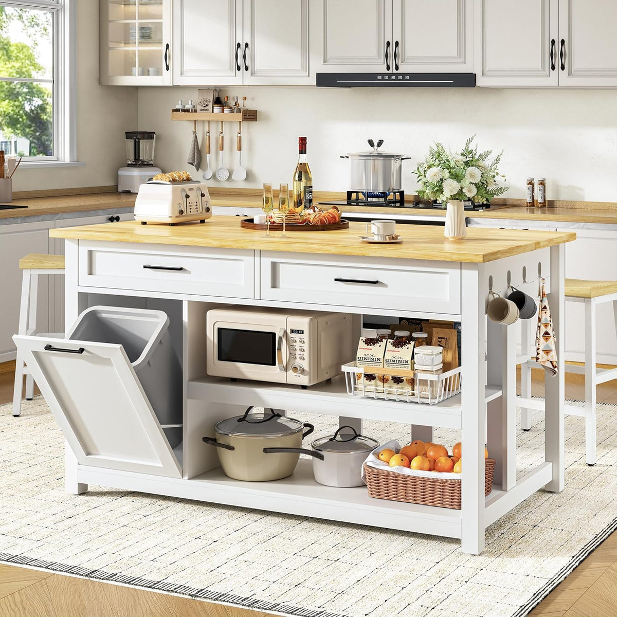47‑Inch Solid Wood Kitchen Island with Storage & 2 Bar Stools