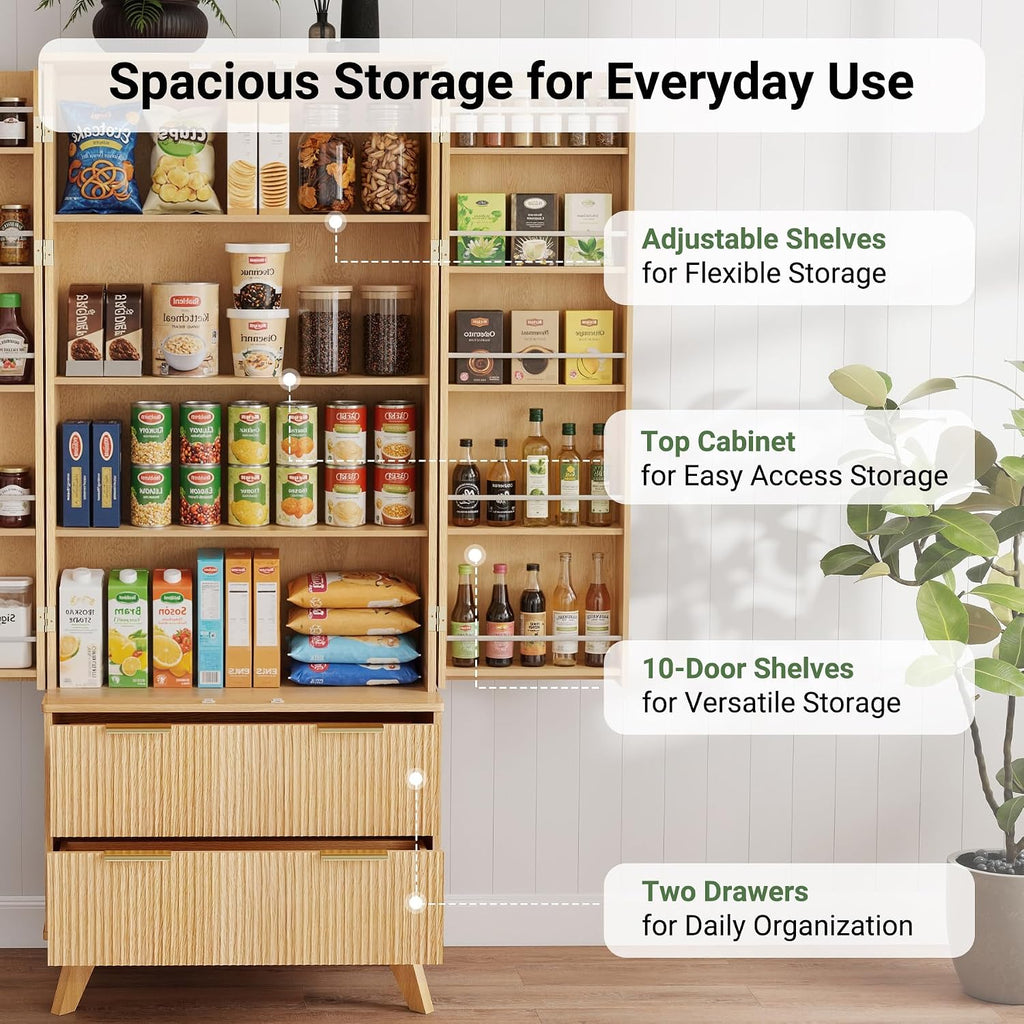 72‑Inch Fluted Wooden Tall Pantry Storage Cabinet