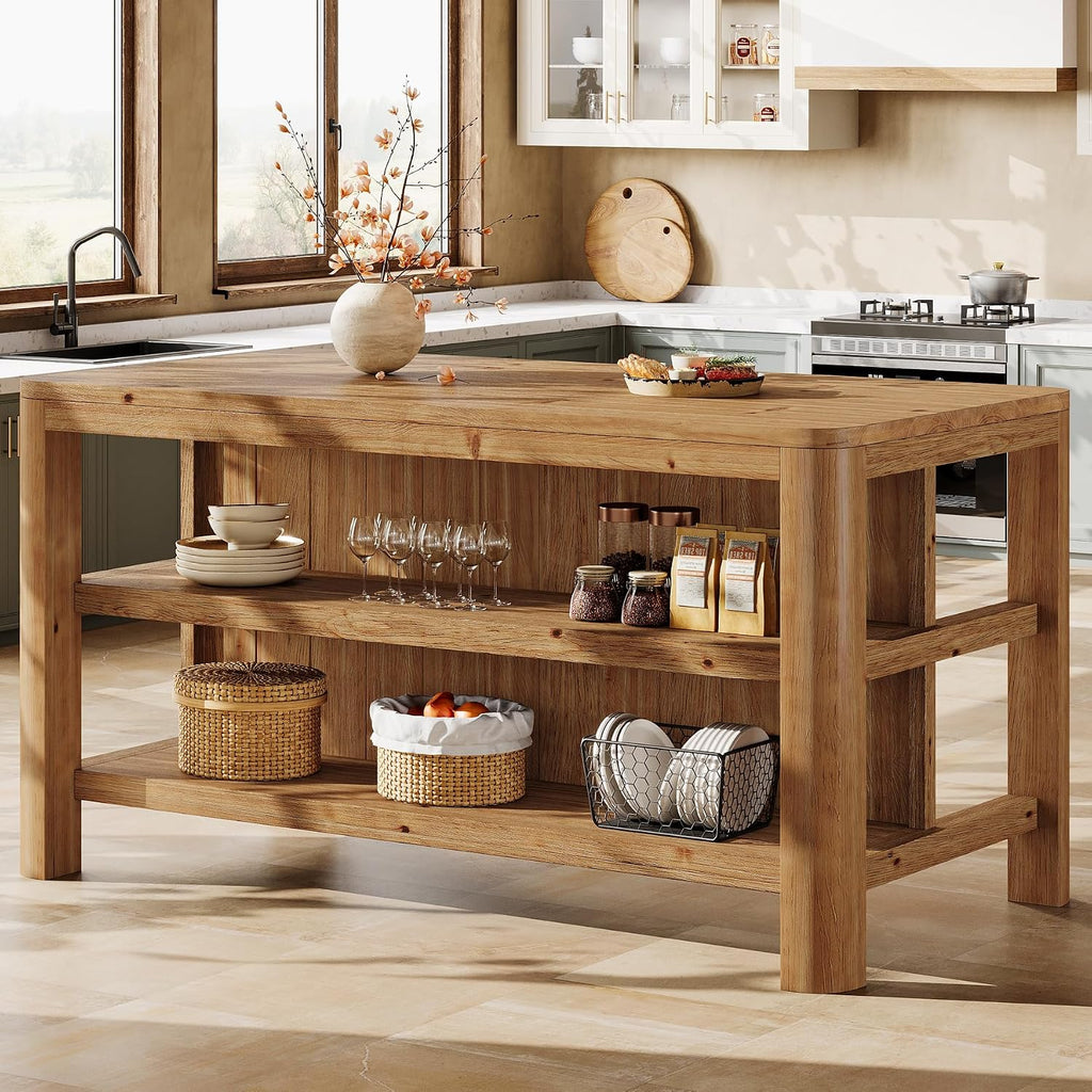 63‑Inch Farmhouse Solid Wood Kitchen Island with Storage