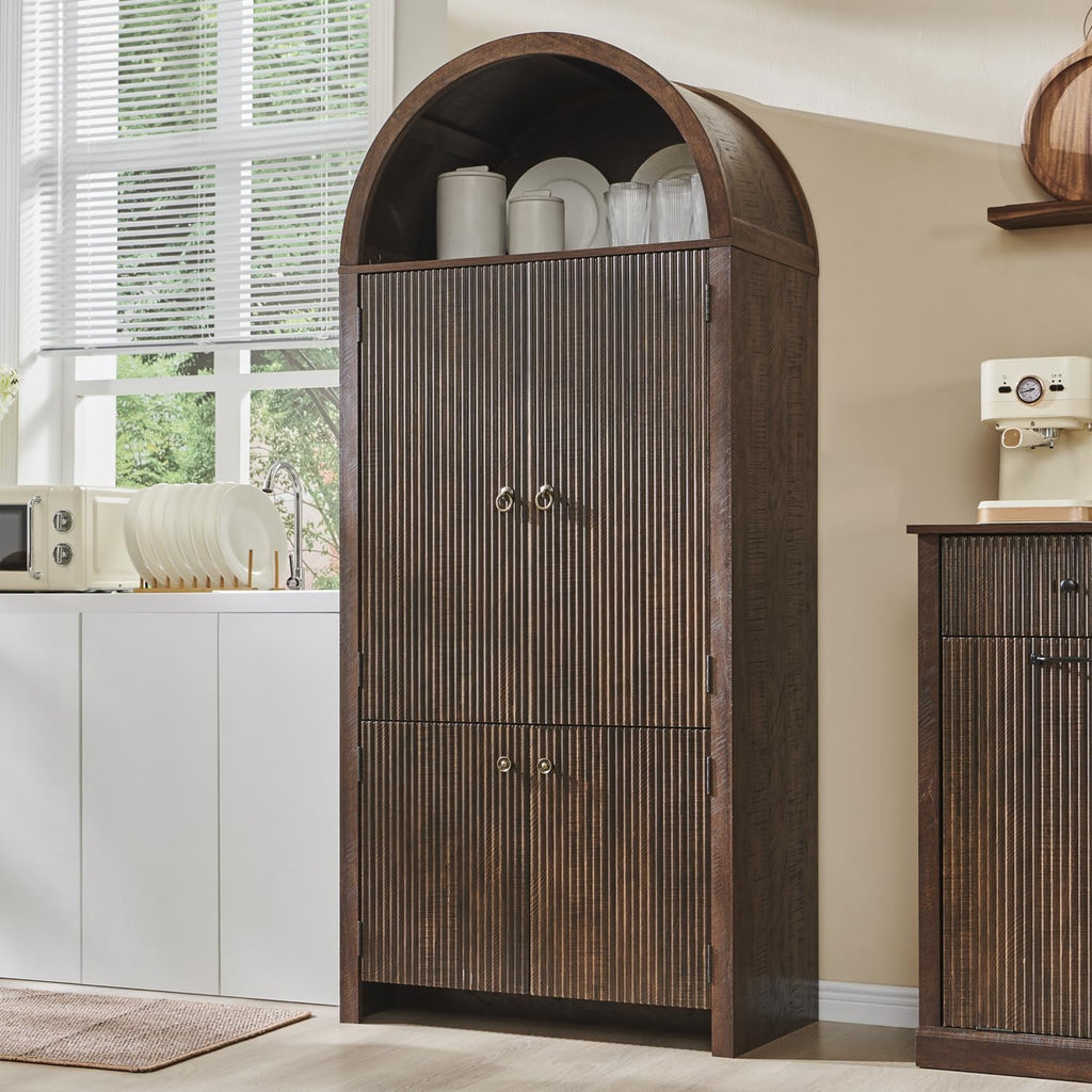 71‑Inch Arched Fluted Wooden Tall Pantry Cabinet