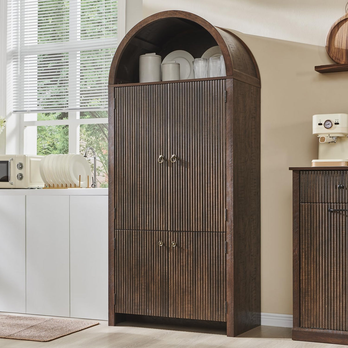 71‑Inch Arched Fluted Wooden Tall Pantry Cabinet