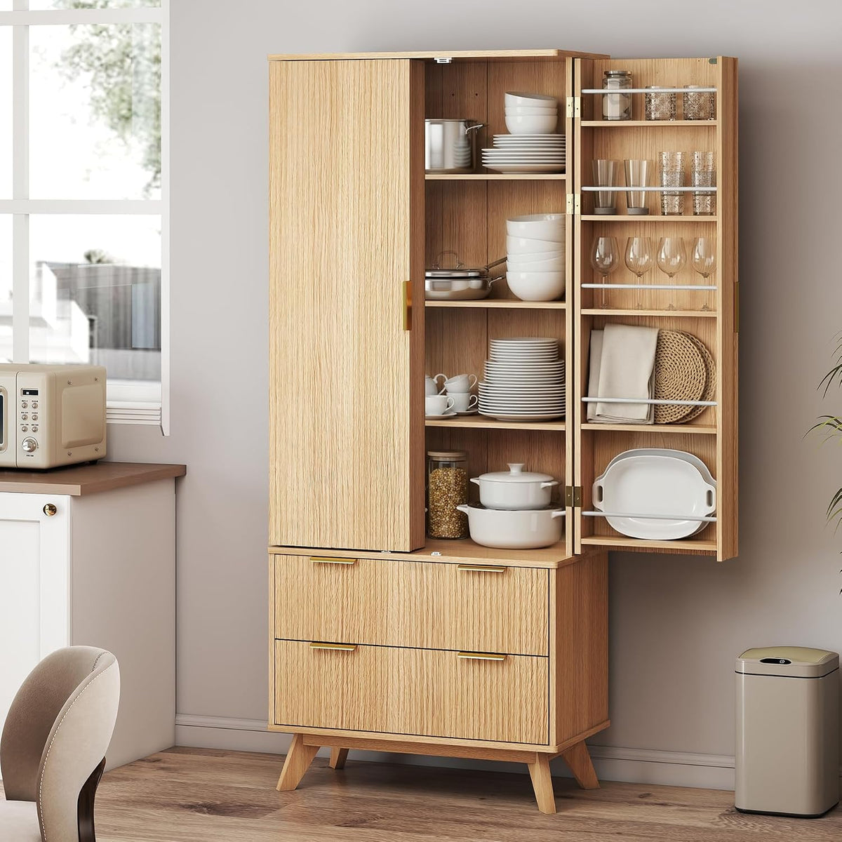 72‑Inch Fluted Wooden Tall Pantry Storage Cabinet