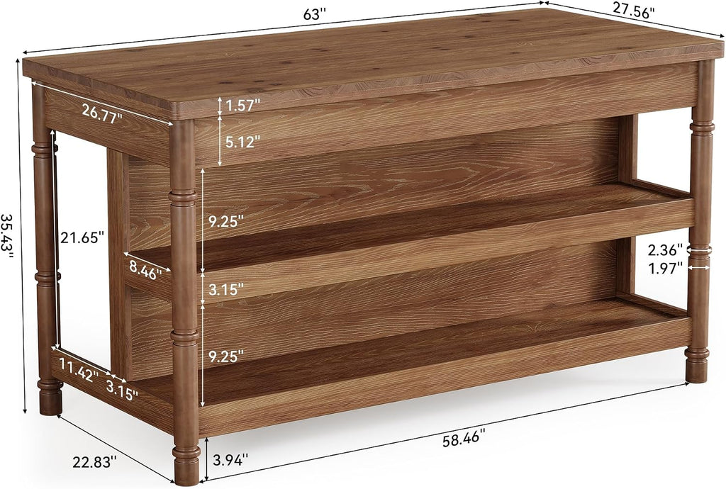 63‑Inch Farmhouse Solid Wood Kitchen Island with Storage
