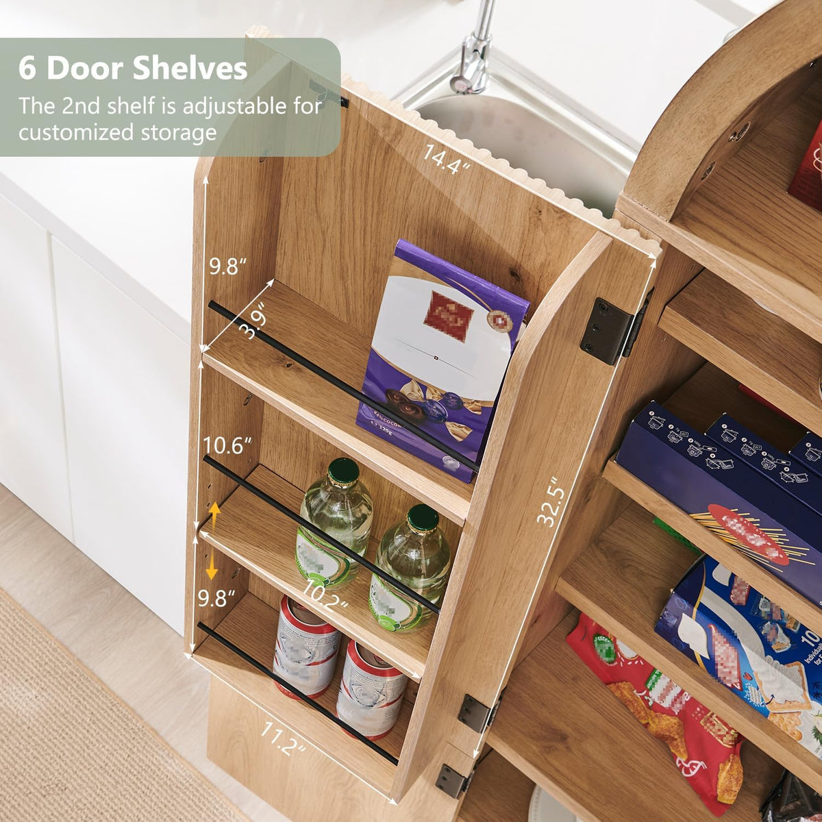 71‑Inch Arched Fluted Wooden Tall Pantry Storage Cabinet
