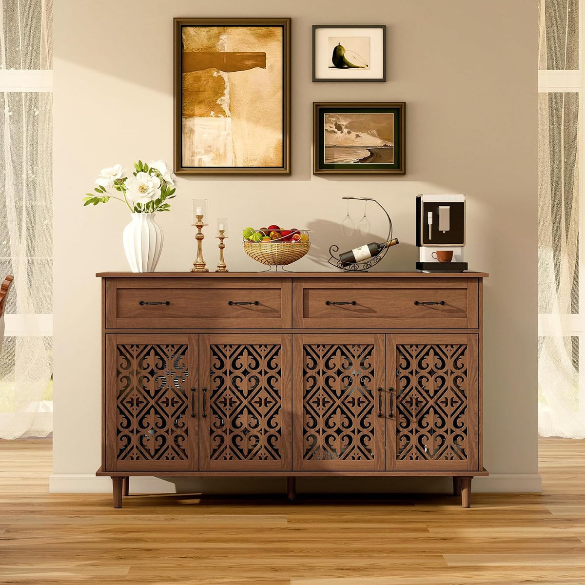 59‑Inch Vintage Carved Door Sideboard Buffet Cabinet