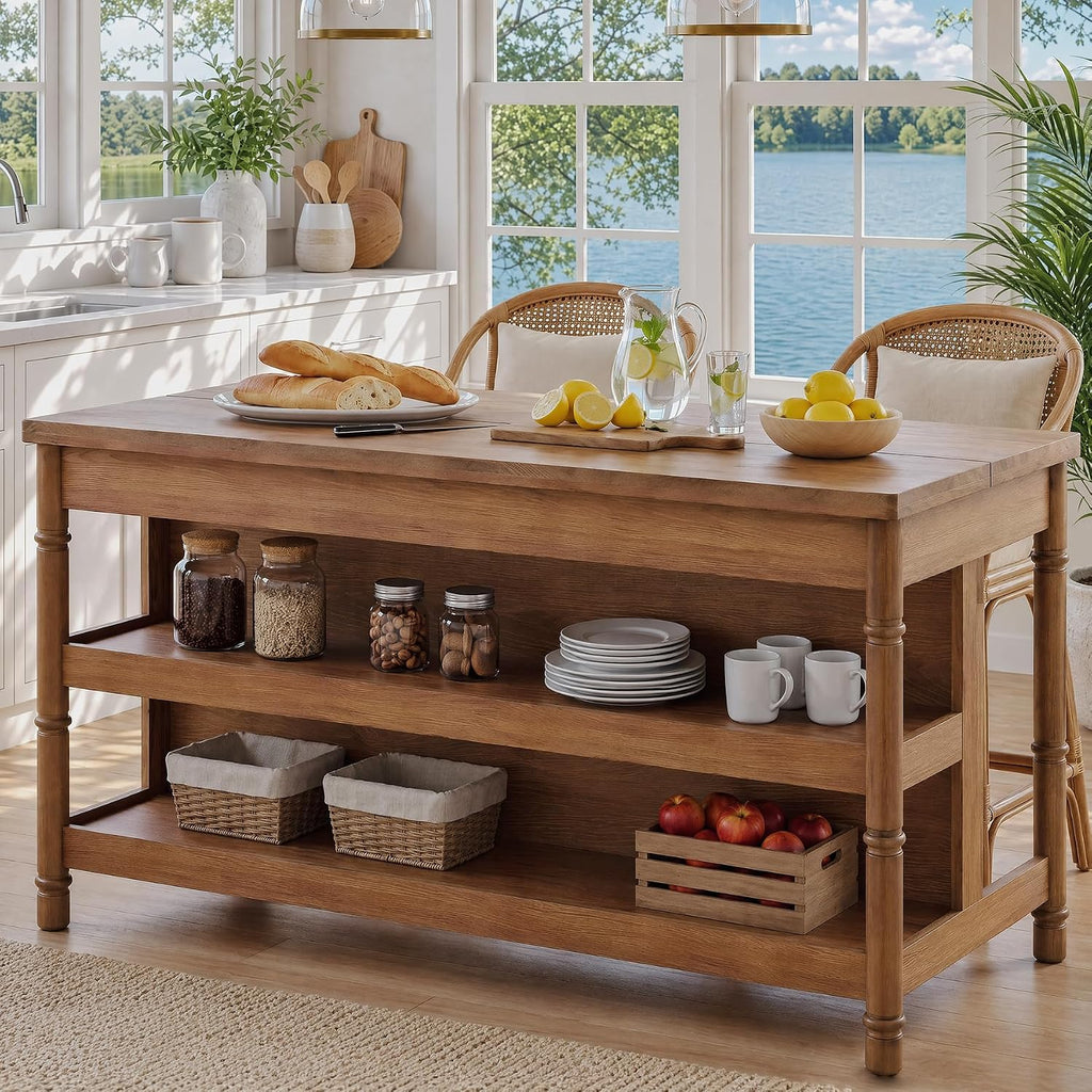 63‑Inch Farmhouse Solid Wood Kitchen Island with Storage