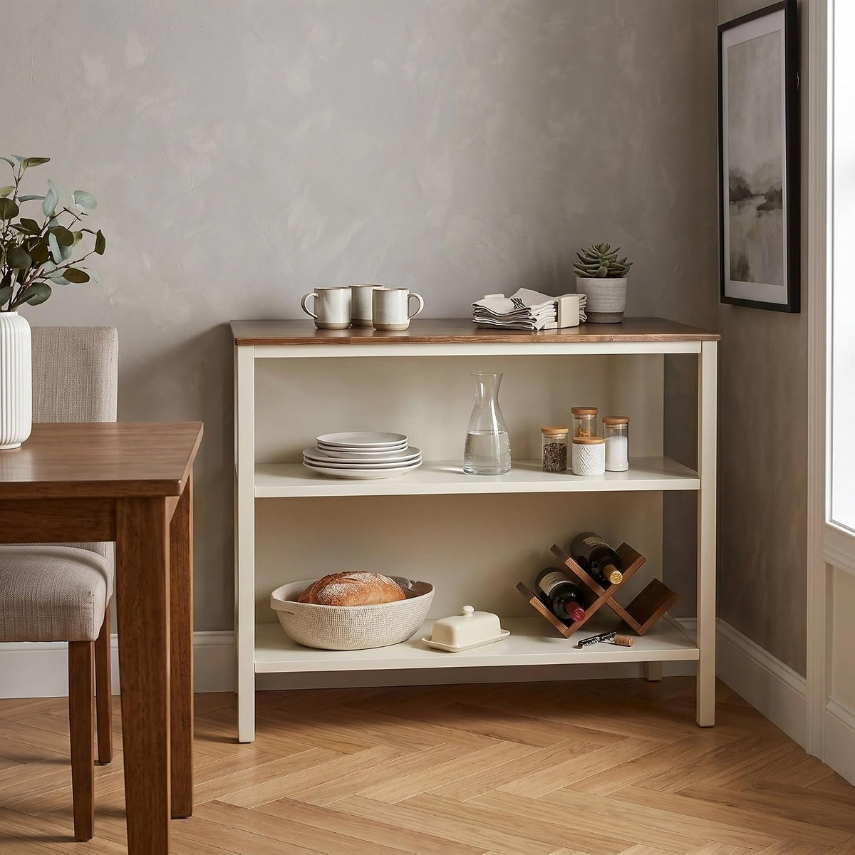 Walnut Solid Wood Farmhouse Kitchen Island with Storage Shelves