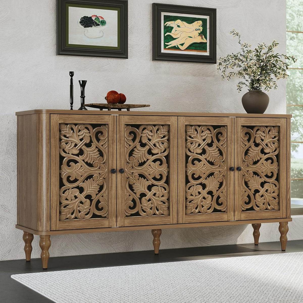 63‑Inch Retro Carved Arc Sideboard Buffet Cabinet
