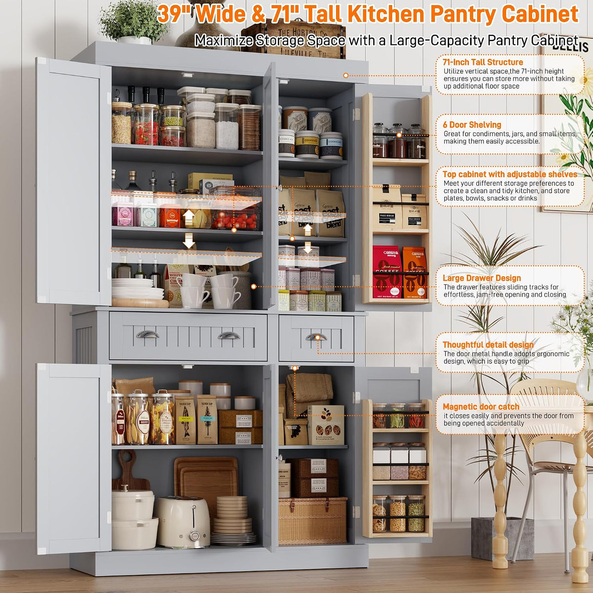 71‑Inch Modern Tall Kitchen Pantry Hutch Storage Cabinet
