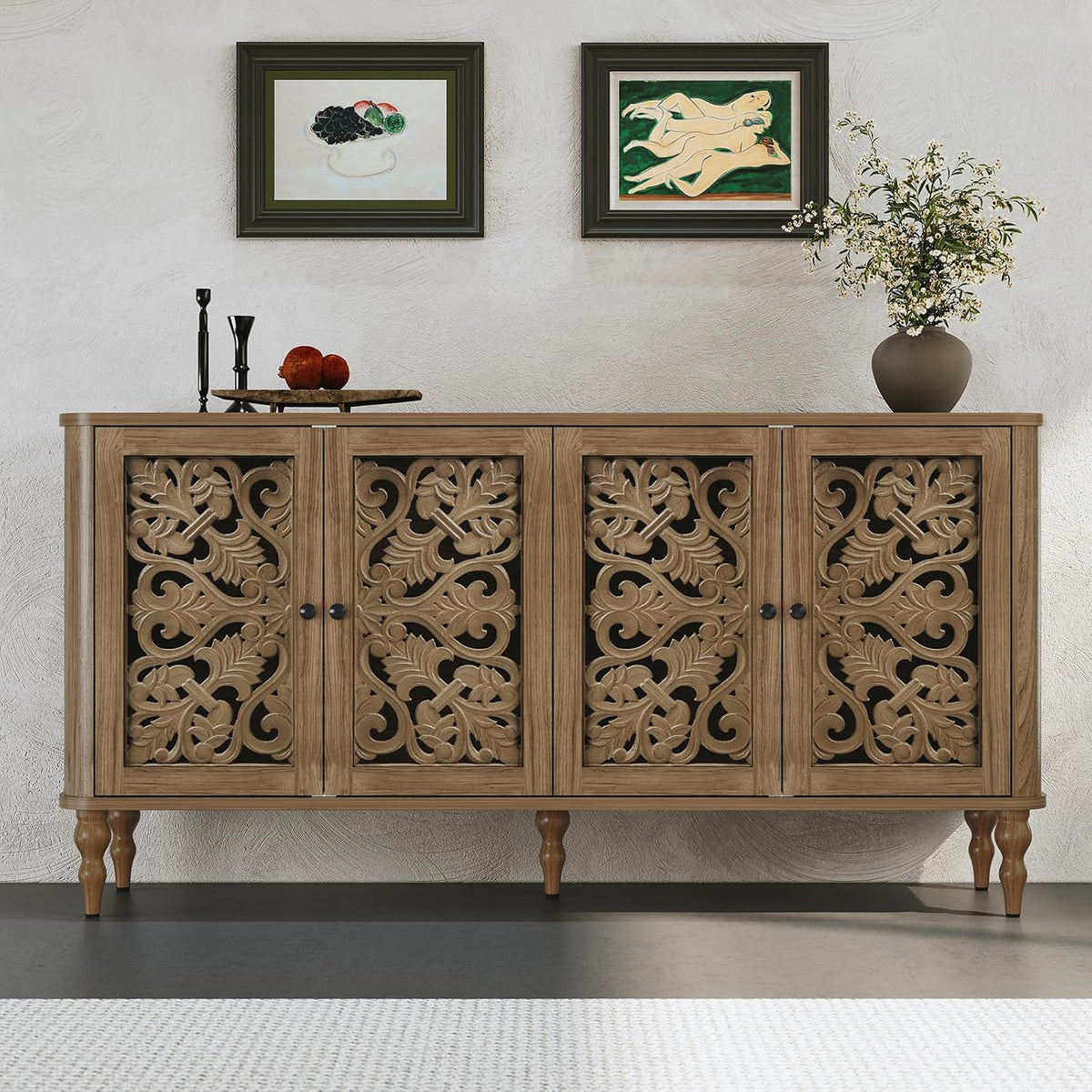 63‑Inch Retro Carved Arc Sideboard Buffet Cabinet