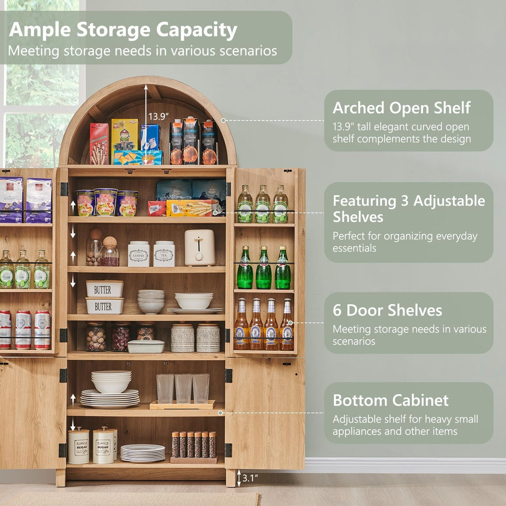 71‑Inch Arched Fluted Wooden Tall Pantry Storage Cabinet