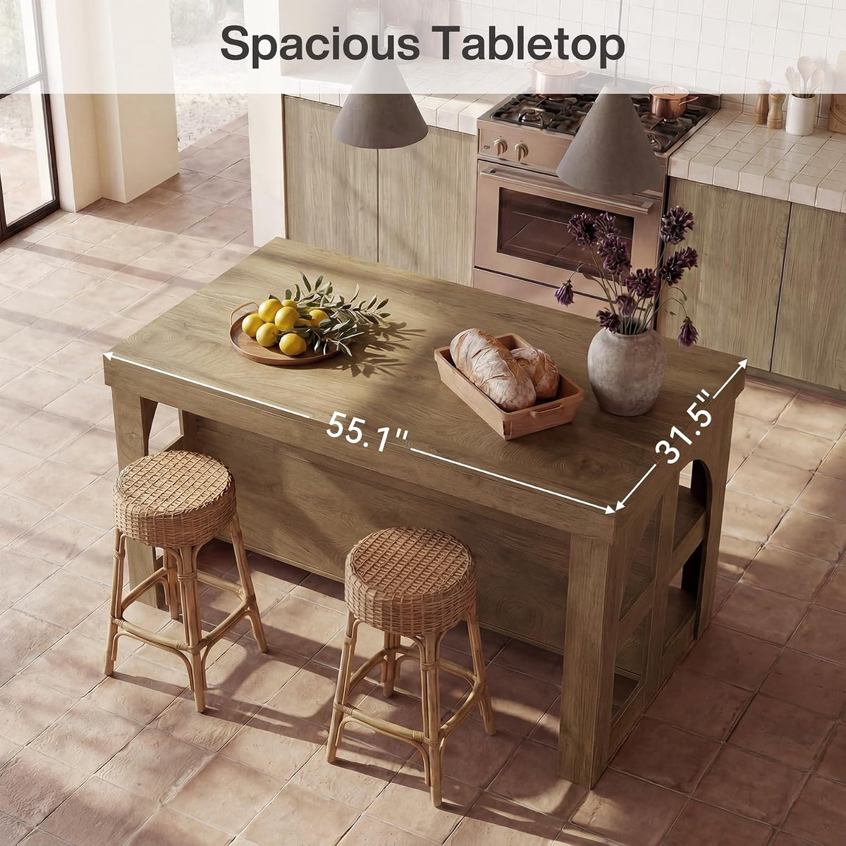 55‑Inch Farmhouse Wooden Kitchen Island with Storage