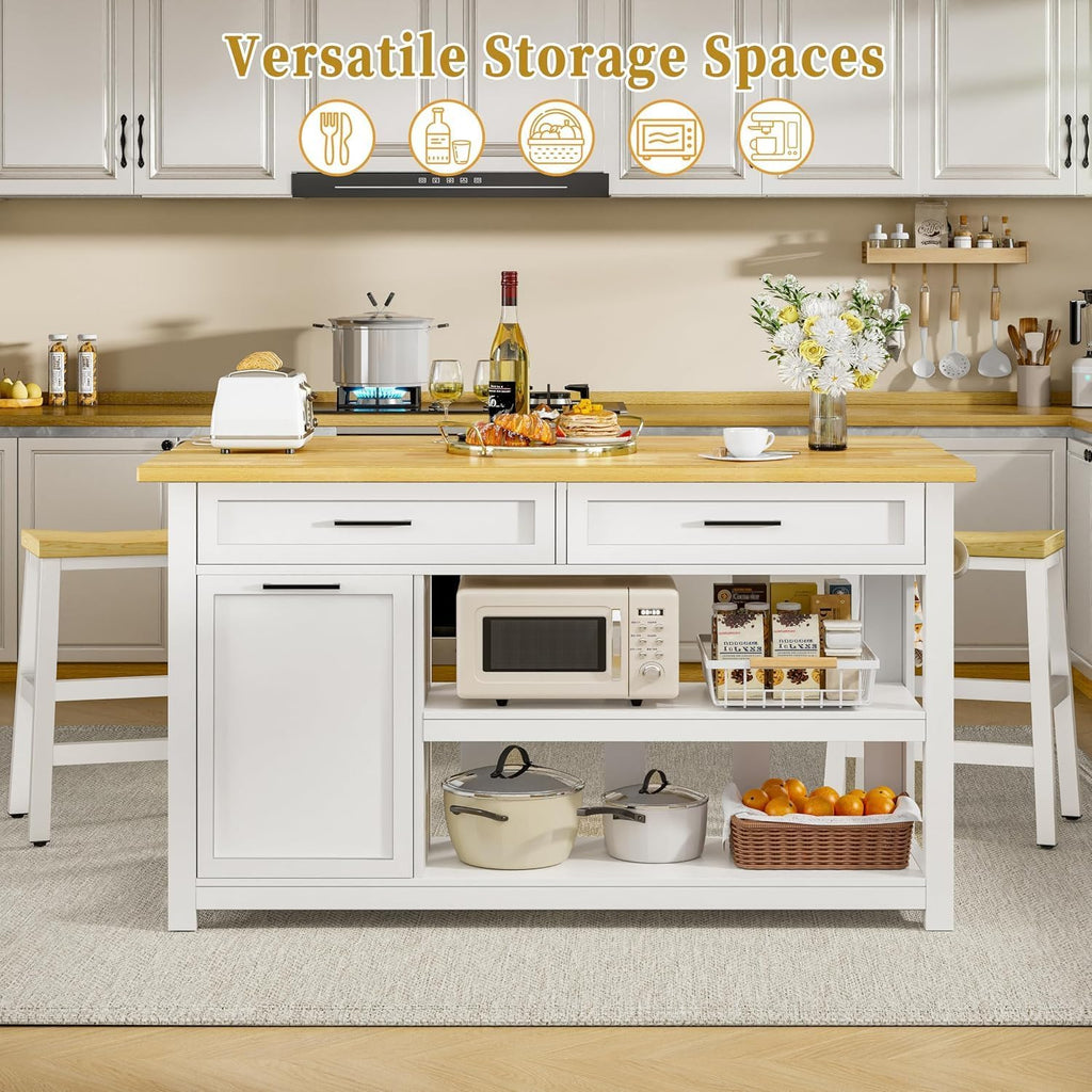 47‑Inch Solid Wood Kitchen Island with Storage & 2 Bar Stools