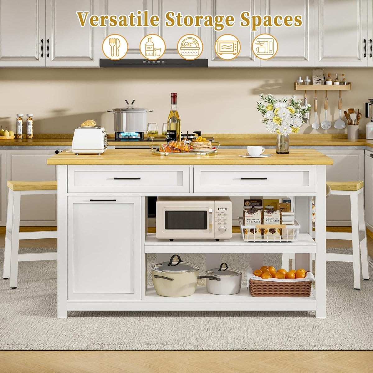 47‑Inch Solid Wood Kitchen Island with Storage & 2 Bar Stools