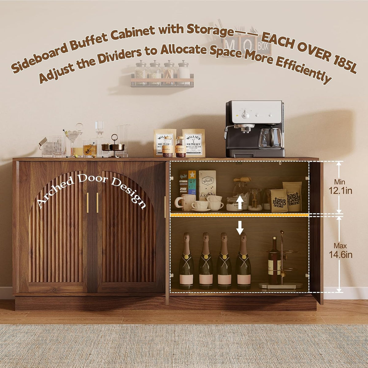 63‑Inch Fluted Arched Door Sideboard Buffet Cabinet
