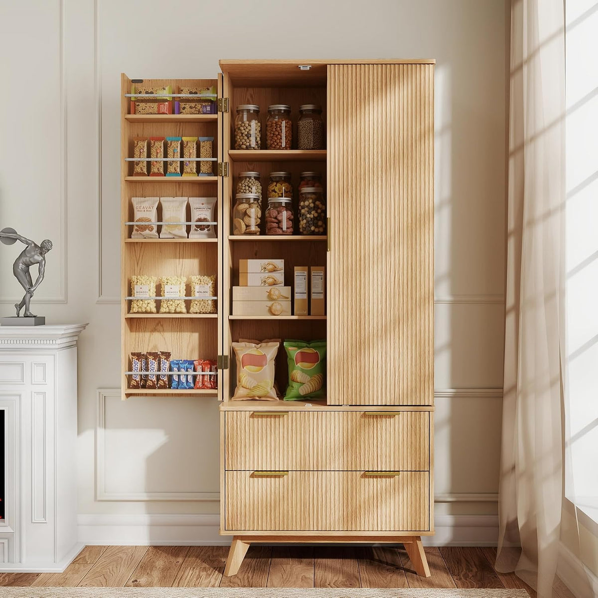 72‑Inch Fluted Wooden Tall Pantry Storage Cabinet
