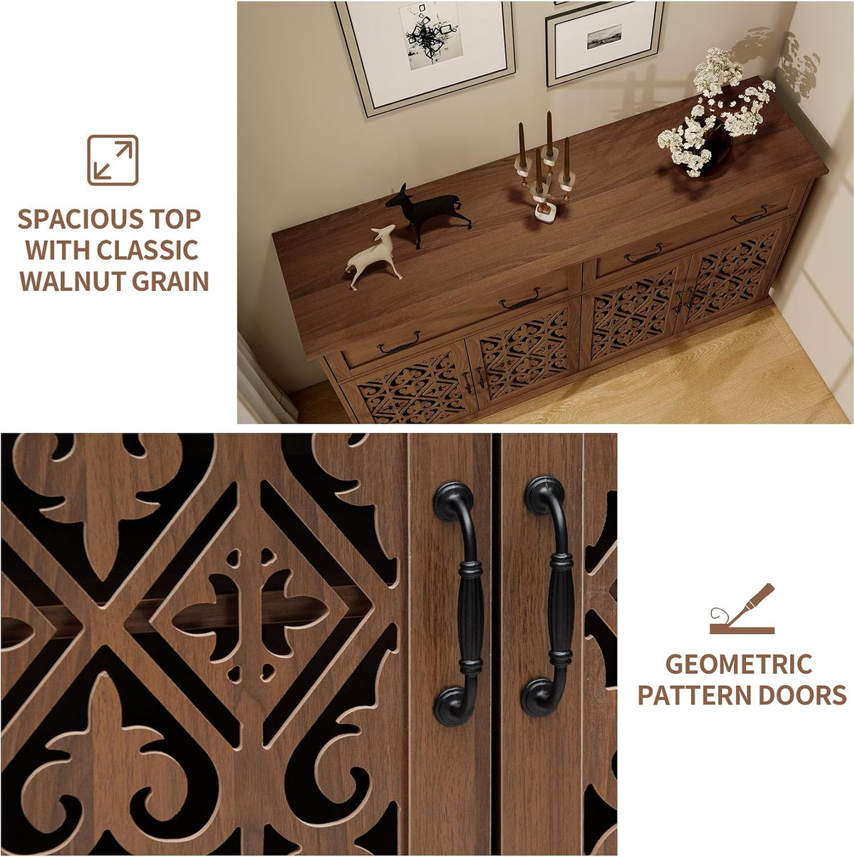 59‑Inch Vintage Carved Door Sideboard Buffet Cabinet