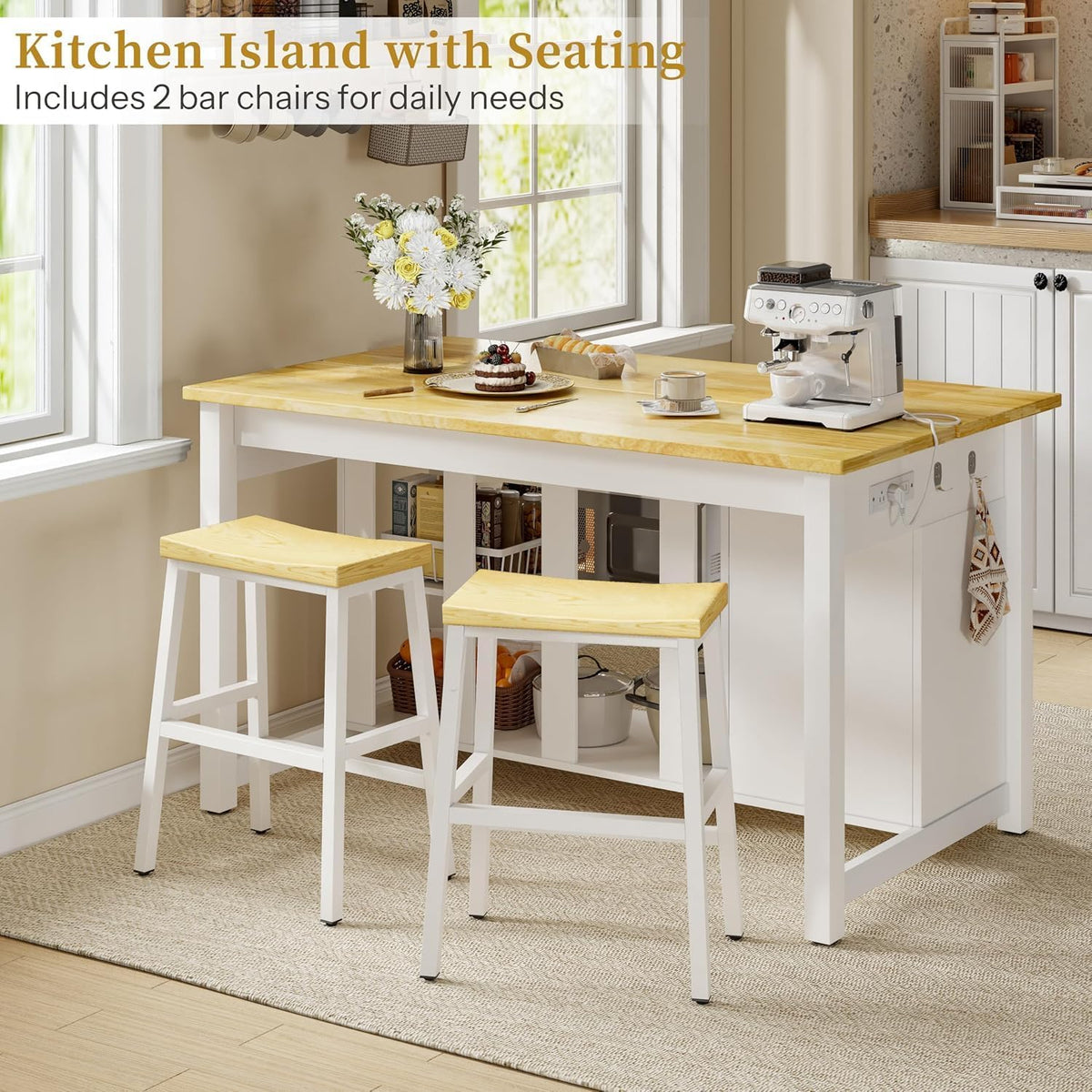 47‑Inch Solid Wood Kitchen Island with Storage & 2 Bar Stools