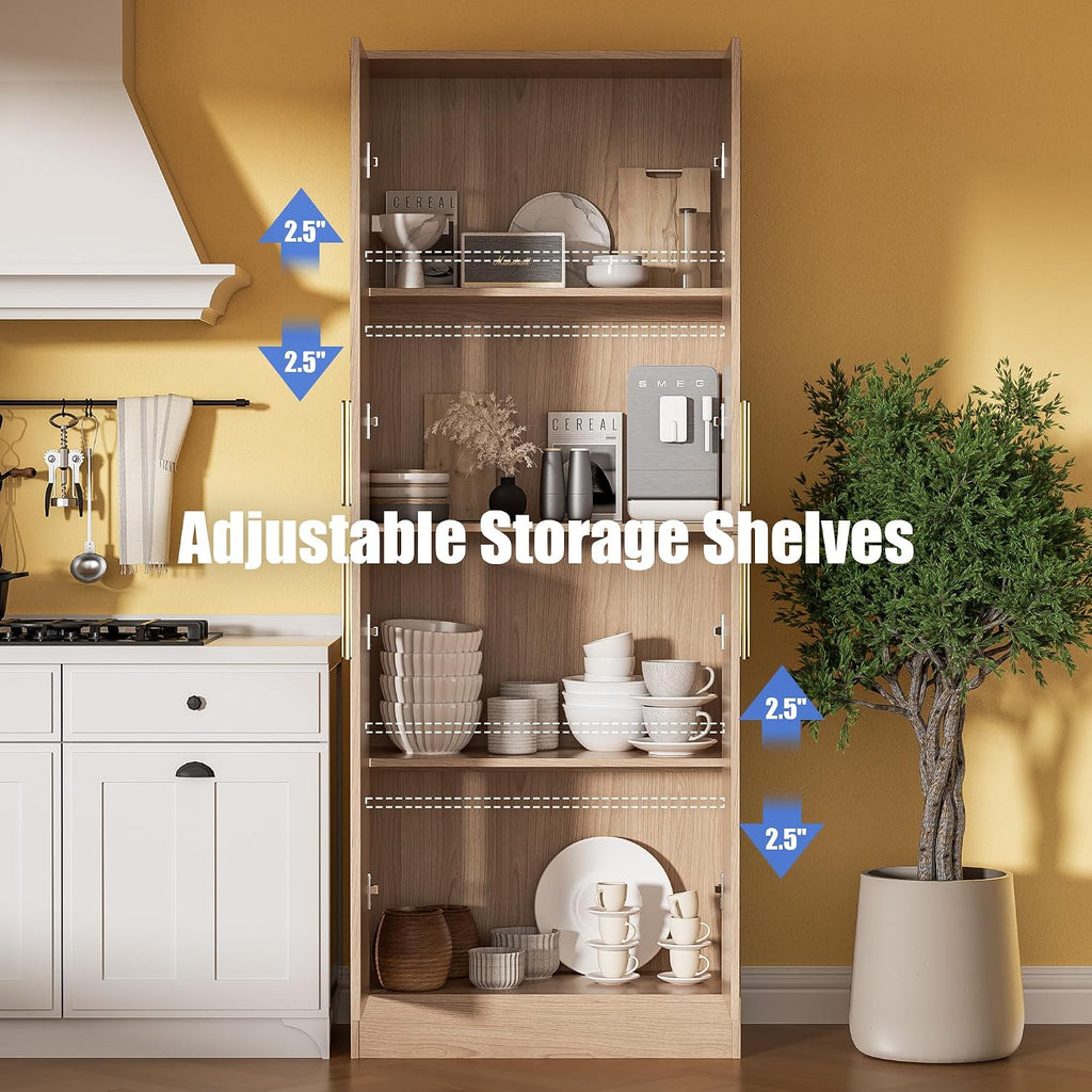 71‑Inch 4‑Door Oak Tall Pantry Storage Cabinet