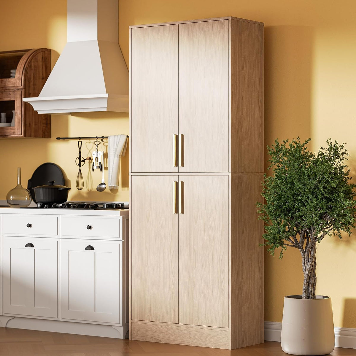 71‑Inch 4‑Door Oak Tall Pantry Storage Cabinet