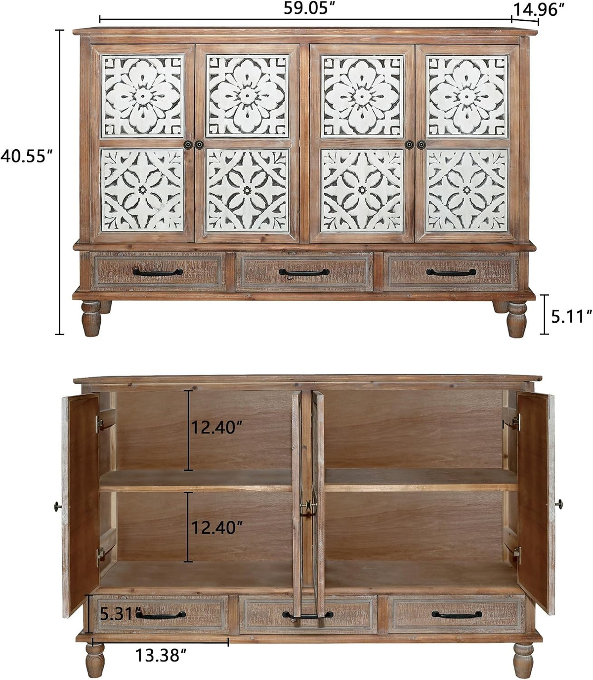 59‑Inch French Country Solid Wood Sideboard Buffet Cabinet