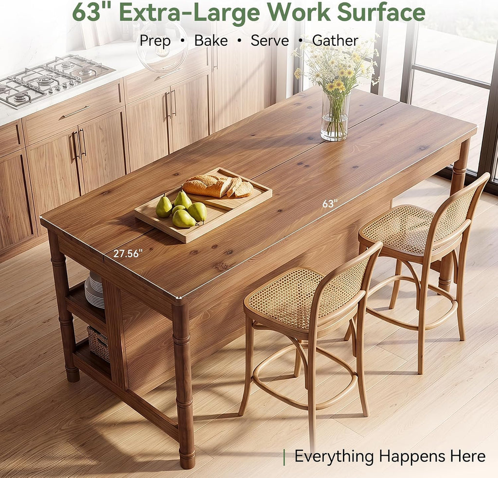 63‑Inch Farmhouse Solid Wood Kitchen Island with Storage