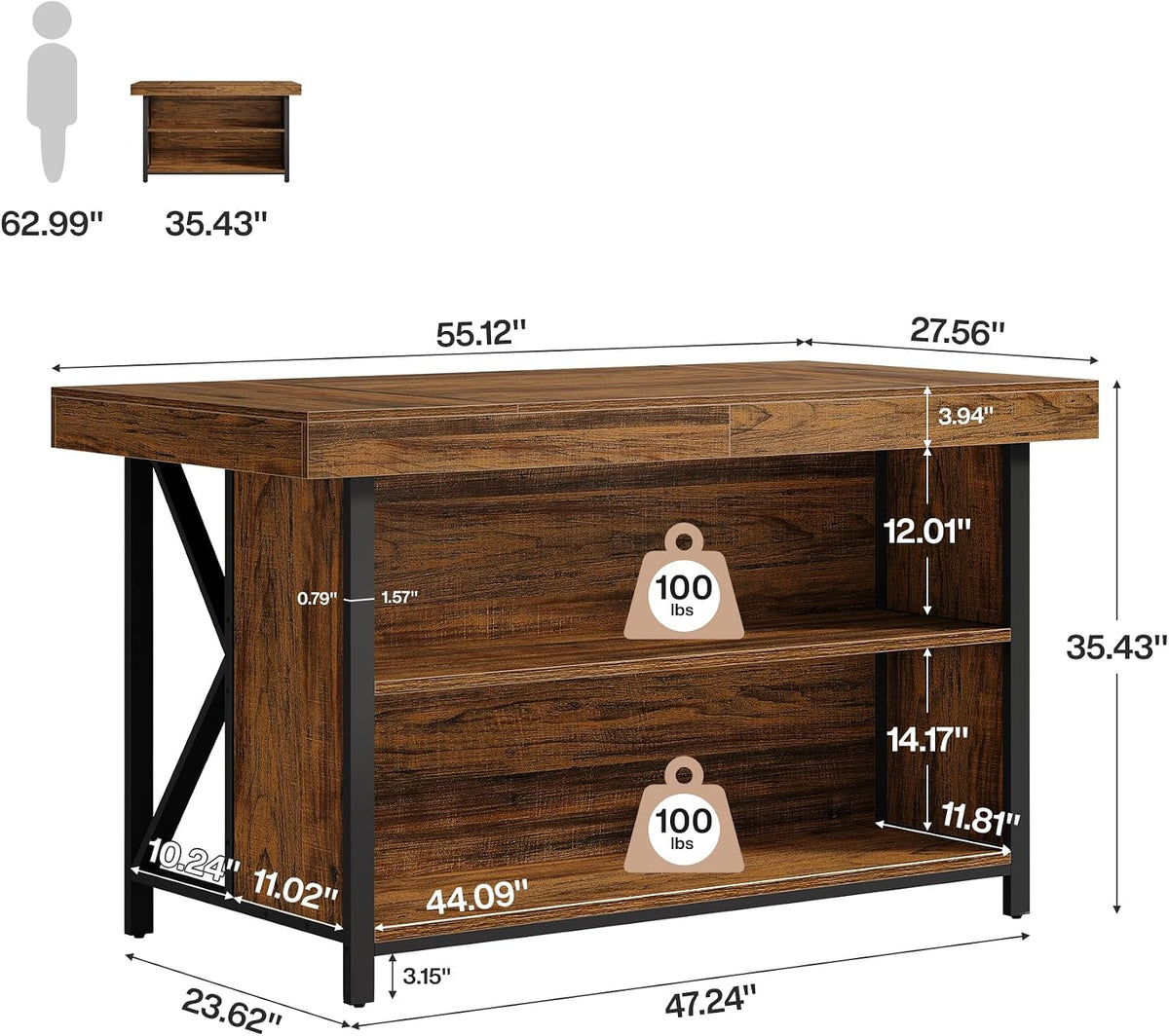 55‑Inch Industrial Wooden Kitchen Island with Storage