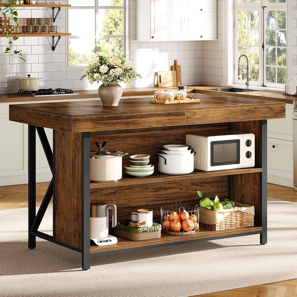 55‑Inch Industrial Wooden Kitchen Island with Storage