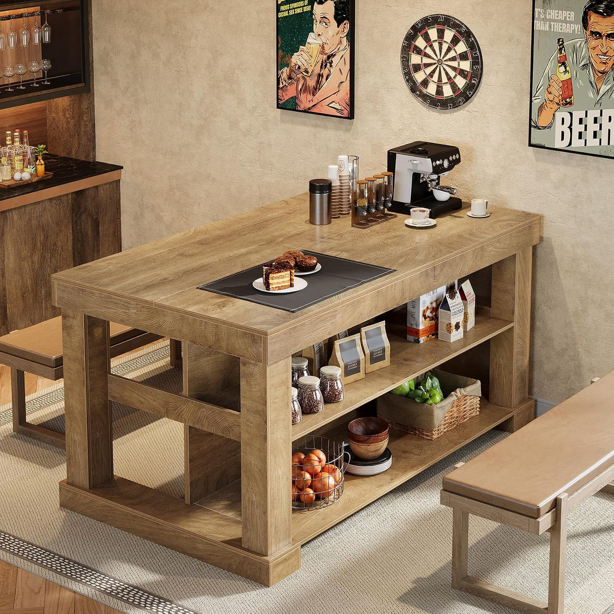 55‑Inch Farmhouse Kitchen Island with Storage & Seating