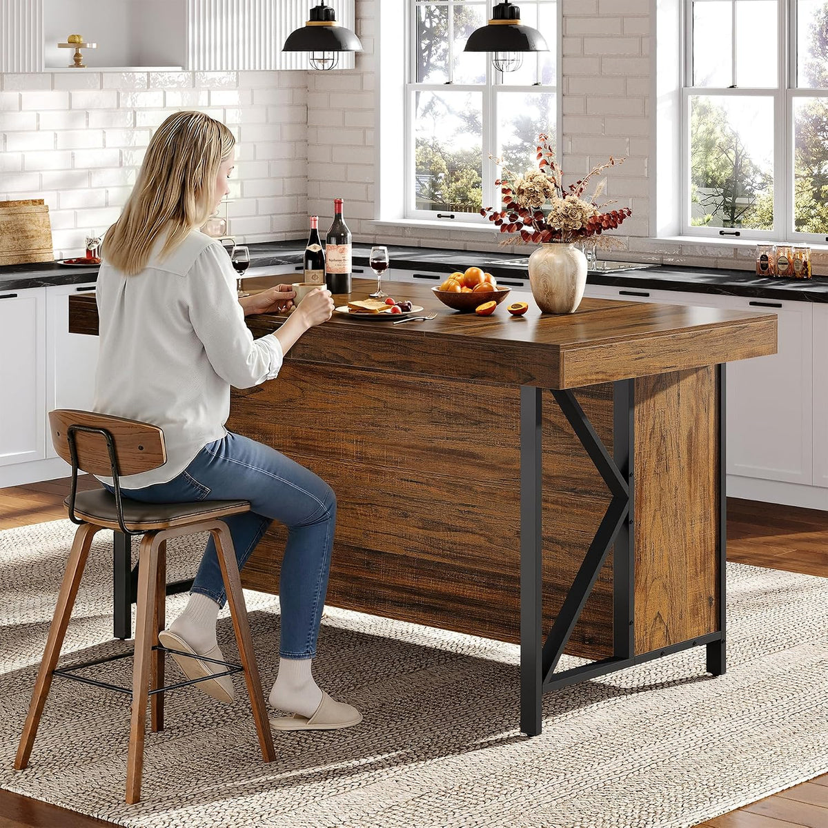 55‑Inch Industrial Wooden Kitchen Island with Storage