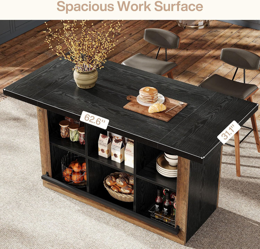 62.6‑Inch Farmhouse Kitchen Island with Storage Cubbies