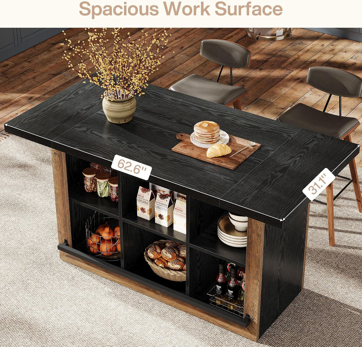 62.6‑Inch Farmhouse Kitchen Island with Storage Cubbies