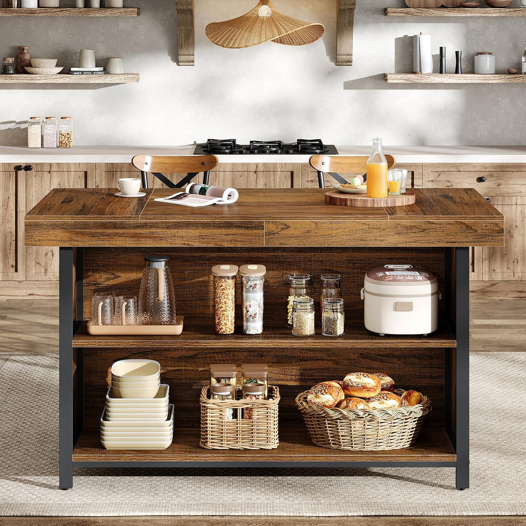55‑Inch Industrial Wooden Kitchen Island with Storage