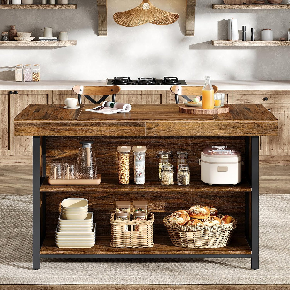 55‑Inch Industrial Wooden Kitchen Island with Storage