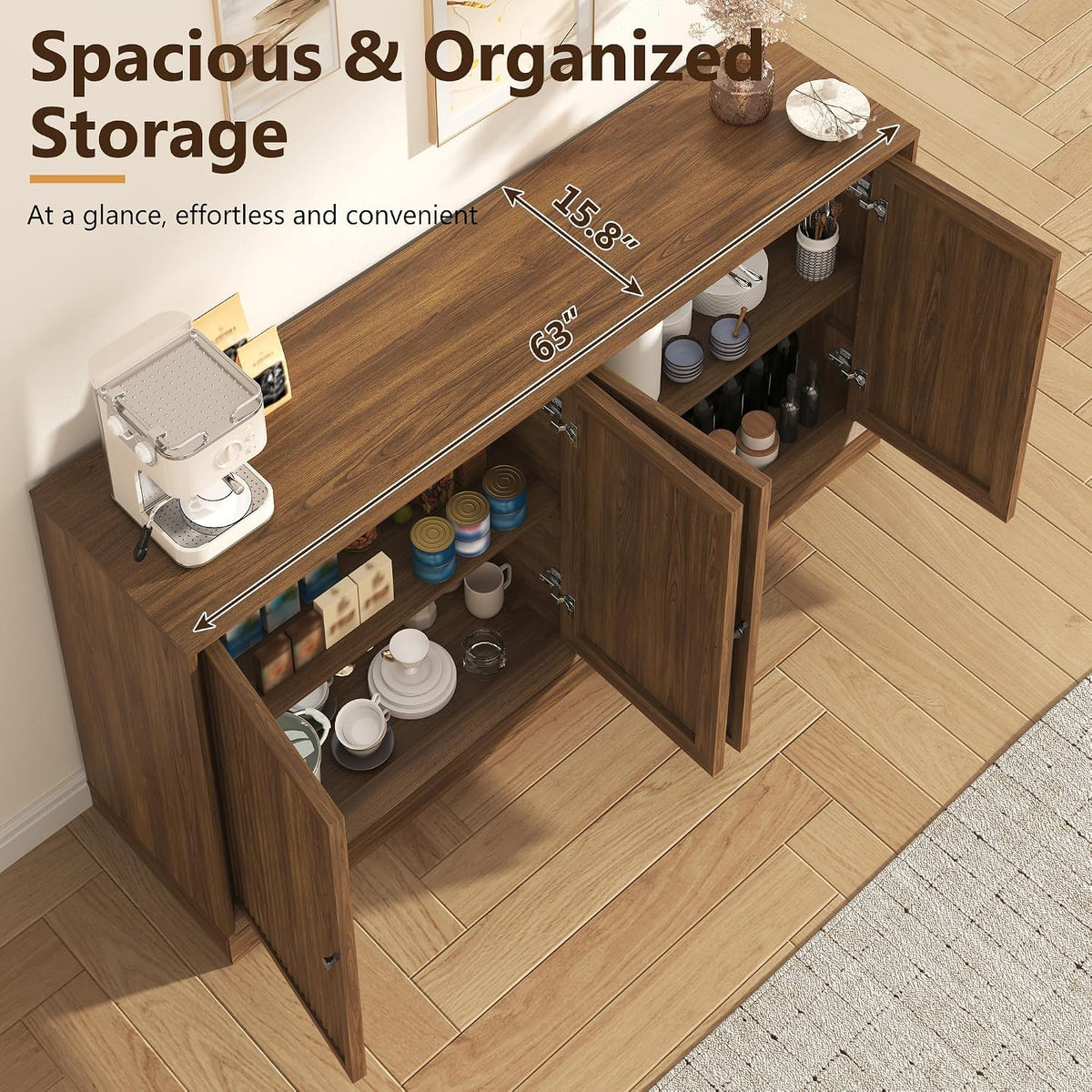 63‑Inch Fluted Wooden Sideboard Buffet Credenza Cabinet