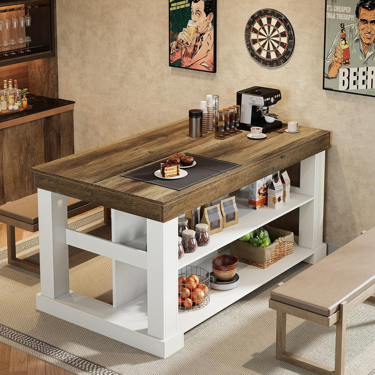 55‑Inch Modern Wooden Kitchen Island with Storage & Seating