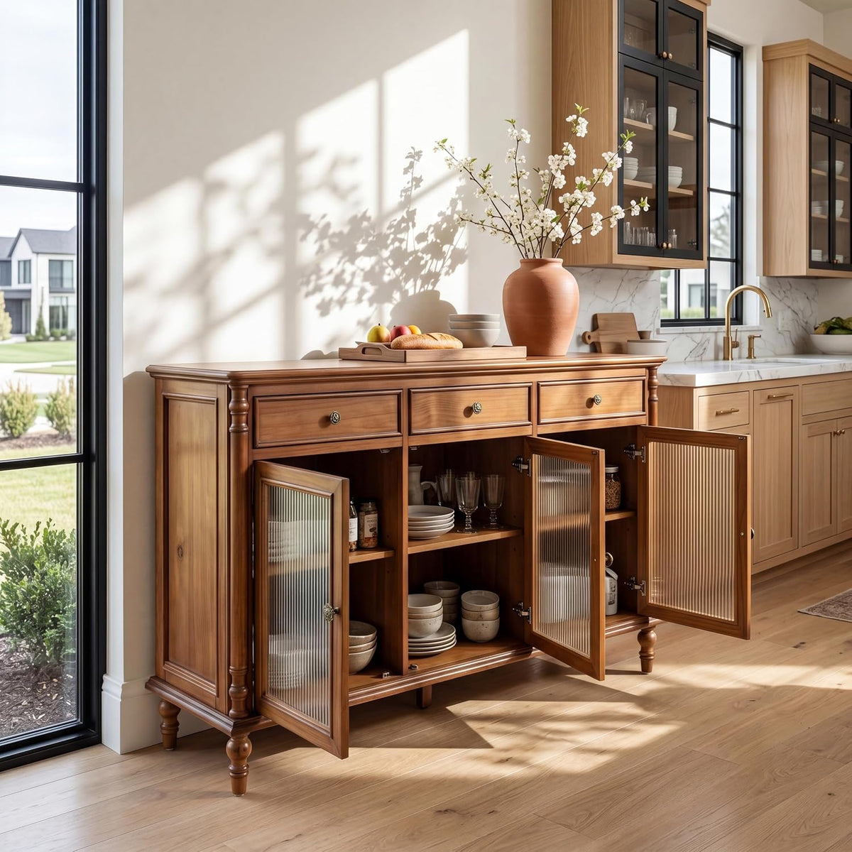 Vintage Glass‑Door Wooden Sideboard Buffet Cabinet