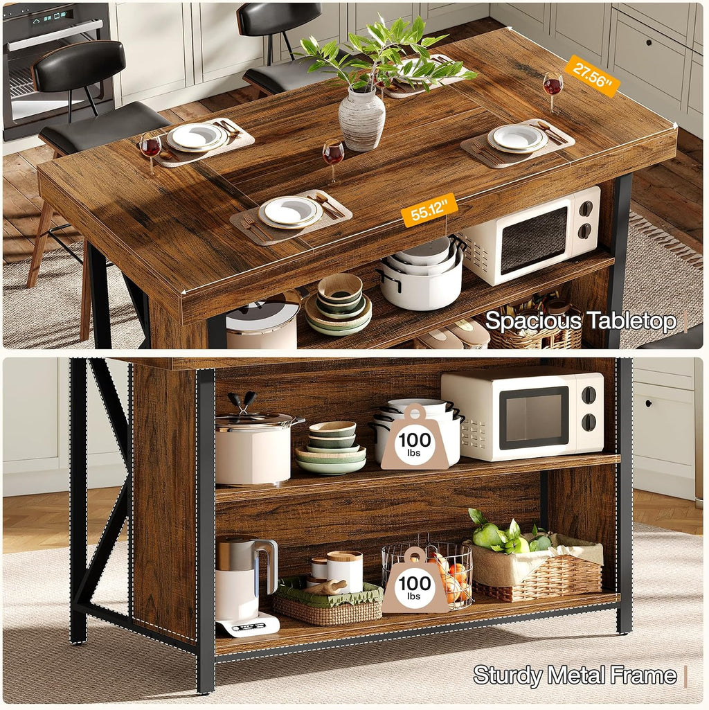 55‑Inch Industrial Wooden Kitchen Island with Storage