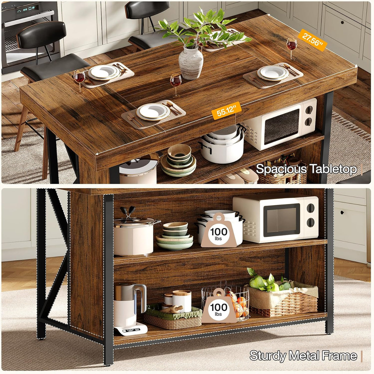 55‑Inch Industrial Wooden Kitchen Island with Storage