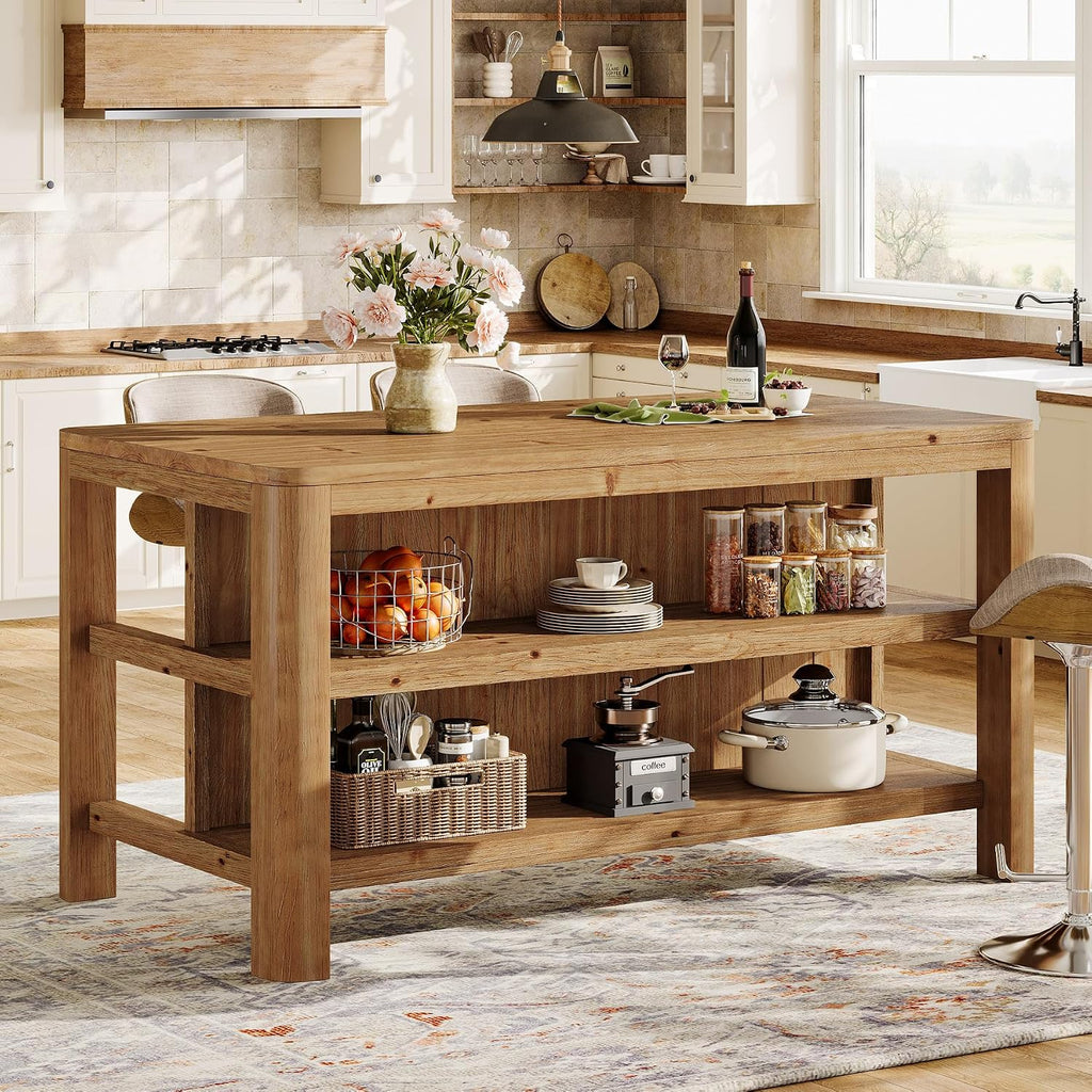63‑Inch Farmhouse Solid Wood Kitchen Island with Storage